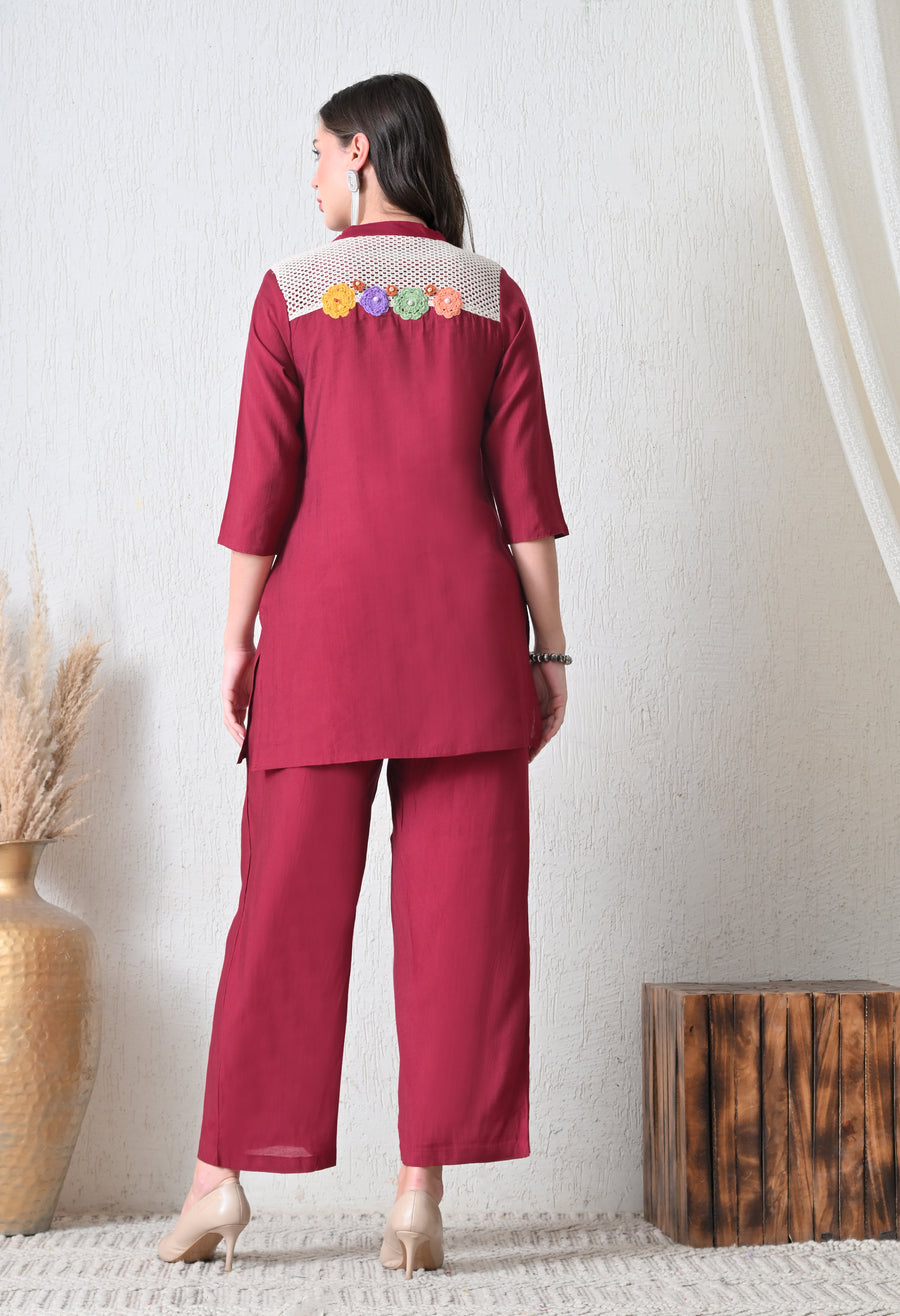 Maroon Embroidered Printed Casual V-Neck Top With Trousers