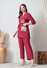 Maroon Embroidered Printed Casual V-Neck Top With Trousers