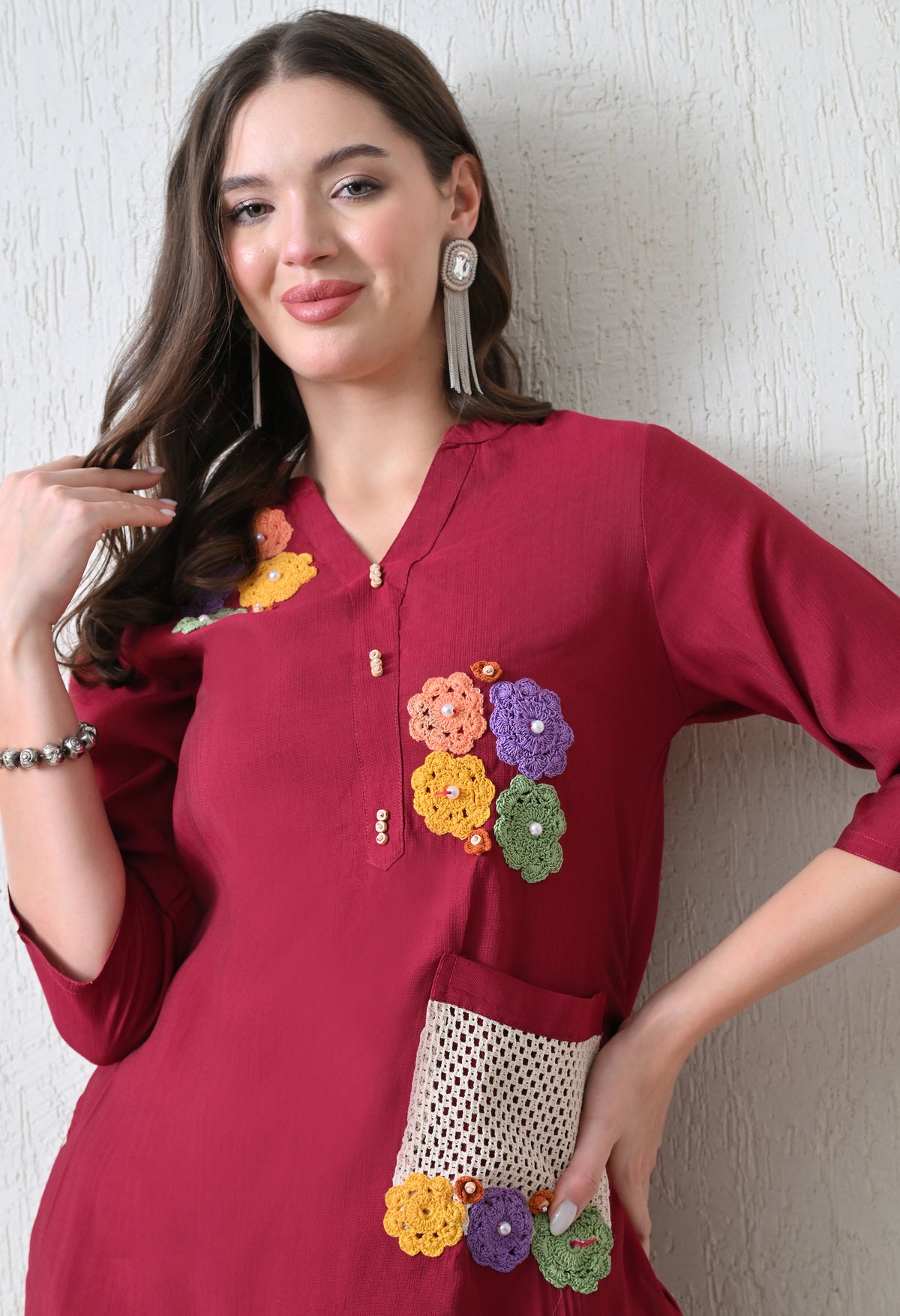 Maroon Embroidered Printed Casual V-Neck Top With Trousers