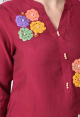 Maroon Embroidered Printed Casual V-Neck Top With Trousers