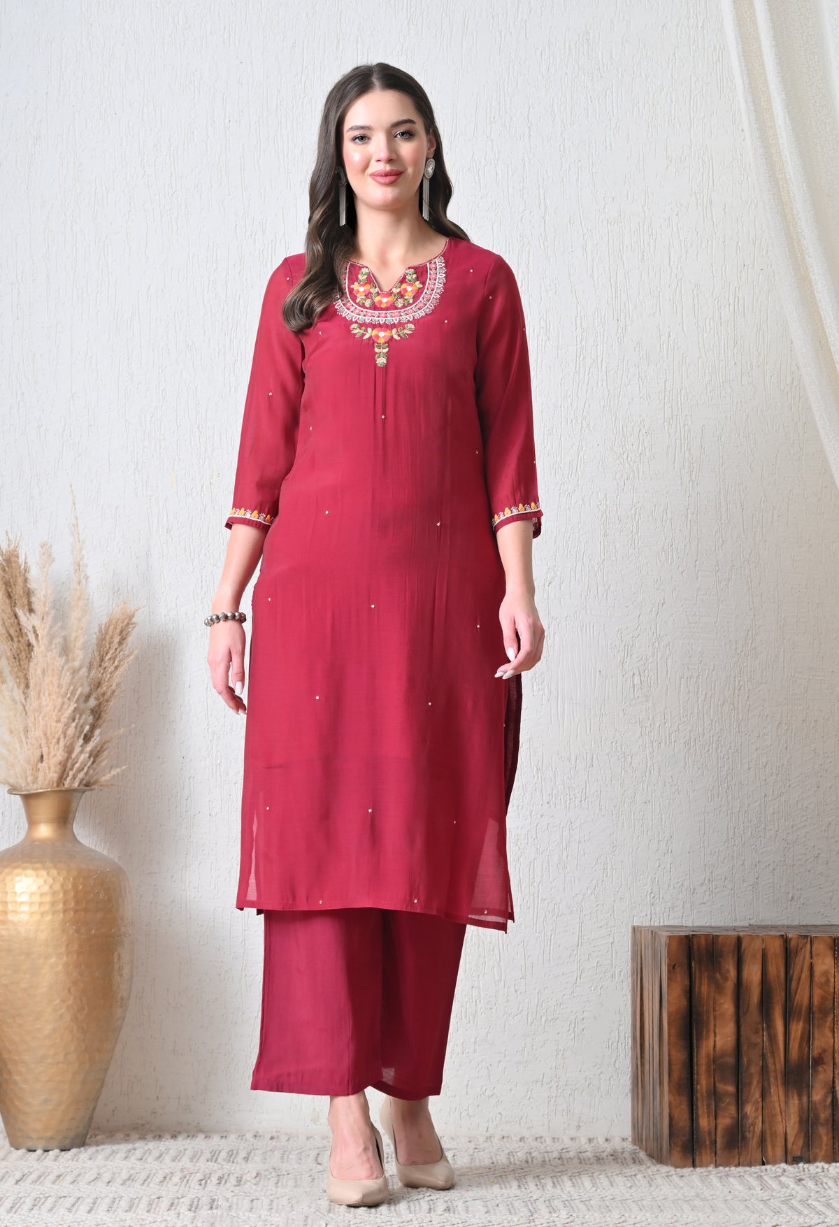 Maroon Ethnic Motifs Embroidered Regular Thread Work Chanderi Cotton Kurta with Dupatta