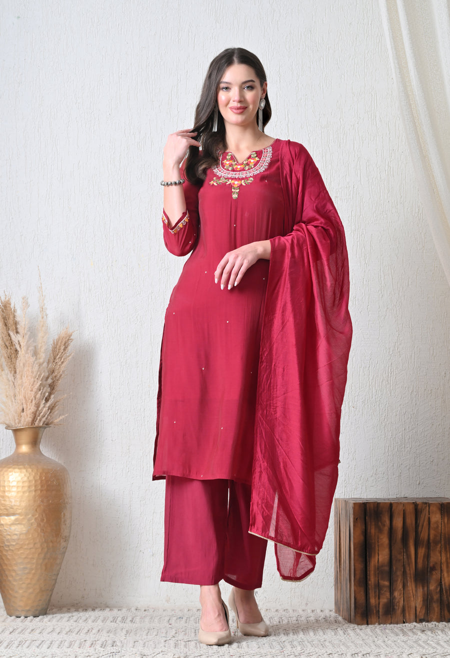 Maroon Ethnic Motifs Embroidered Regular Thread Work Chanderi Cotton Kurta with Dupatta