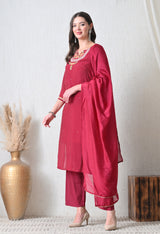 Maroon Ethnic Motifs Embroidered Regular Thread Work Chanderi Cotton Kurta with Dupatta