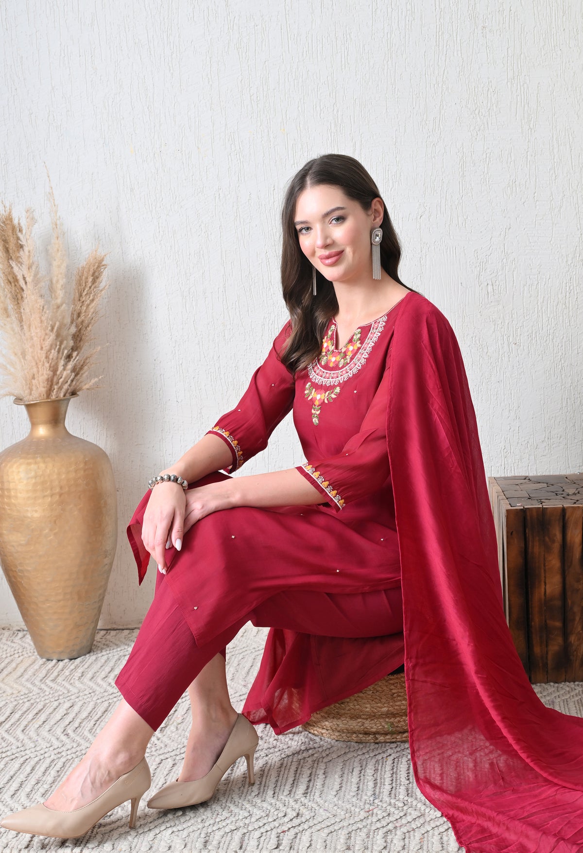 Maroon Ethnic Motifs Embroidered Regular Thread Work Chanderi Cotton Kurta with Dupatta