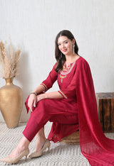 Maroon Ethnic Motifs Embroidered Regular Thread Work Chanderi Cotton Kurta with Dupatta