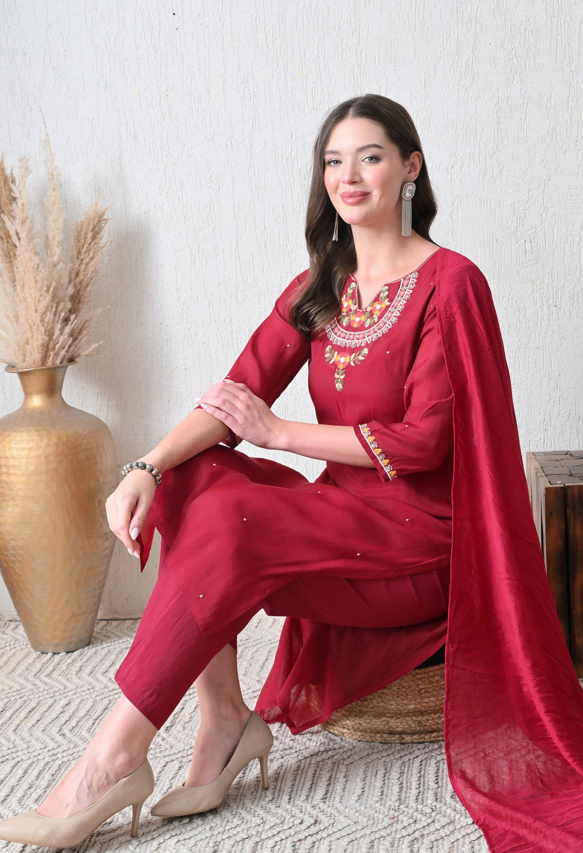 Maroon Ethnic Motifs Embroidered Regular Thread Work Chanderi Cotton Kurta with Dupatta