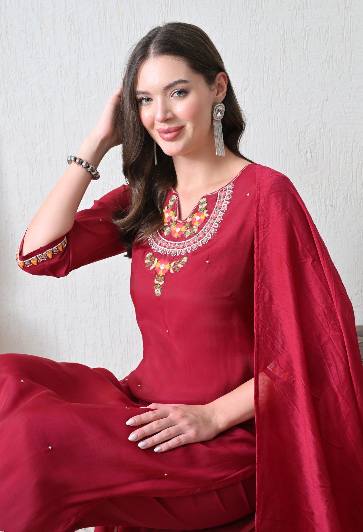 Maroon Ethnic Motifs Embroidered Regular Thread Work Chanderi Cotton Kurta with Dupatta
