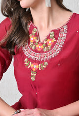 Maroon Ethnic Motifs Embroidered Regular Thread Work Chanderi Cotton Kurta with Dupatta