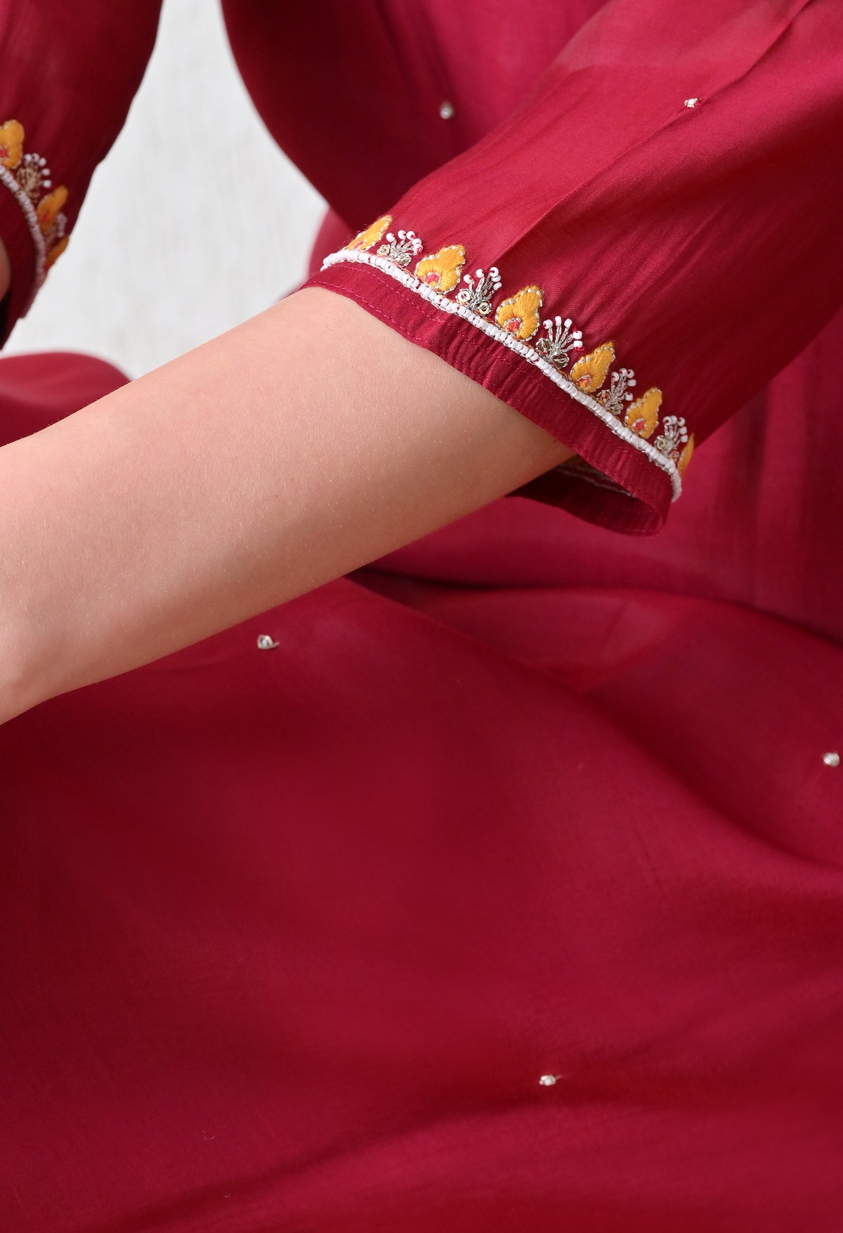 Maroon Ethnic Motifs Embroidered Regular Thread Work Chanderi Cotton Kurta with Dupatta