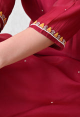 Maroon Ethnic Motifs Embroidered Regular Thread Work Chanderi Cotton Kurta with Dupatta