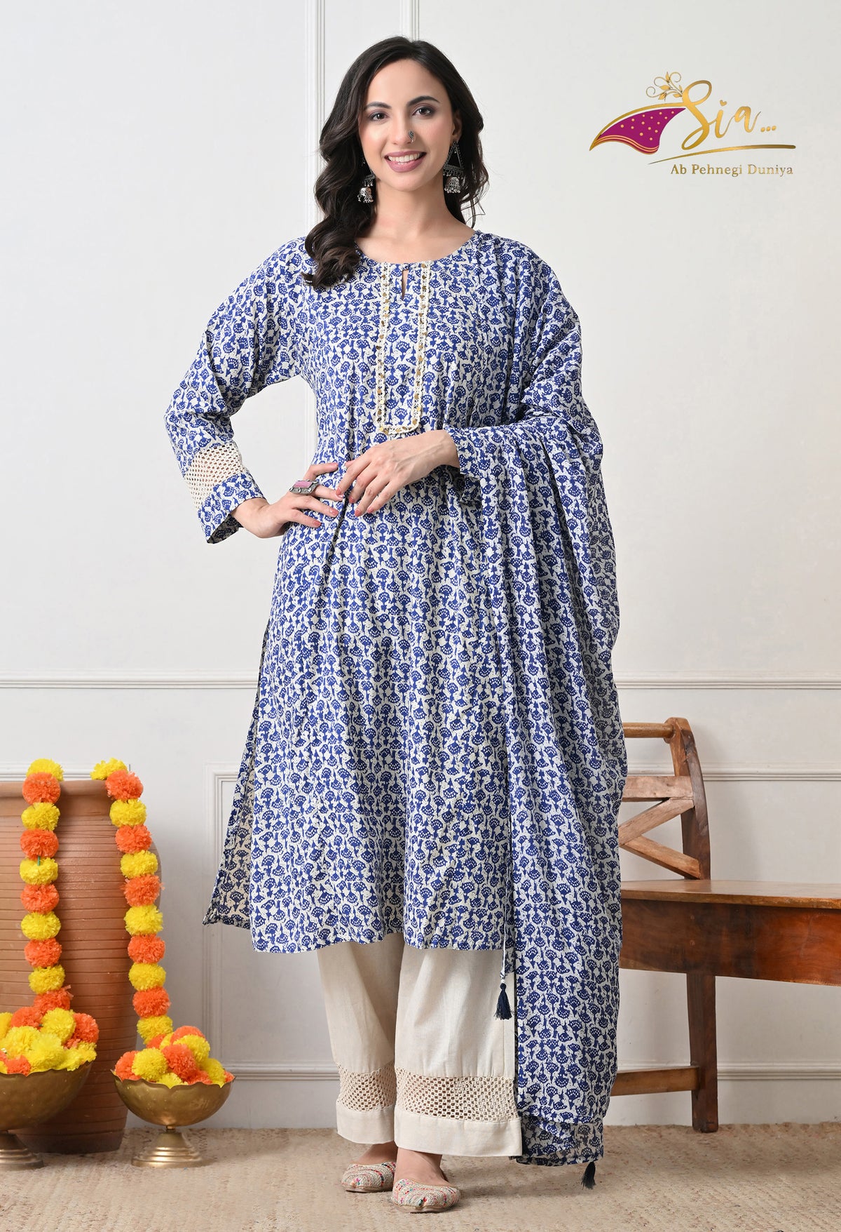 BLue Floral Printed Regular Pure Cotton Kurta with Palazzos & With Dupatta