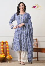 BLue Floral Printed Regular Pure Cotton Kurta with Palazzos & With Dupatta