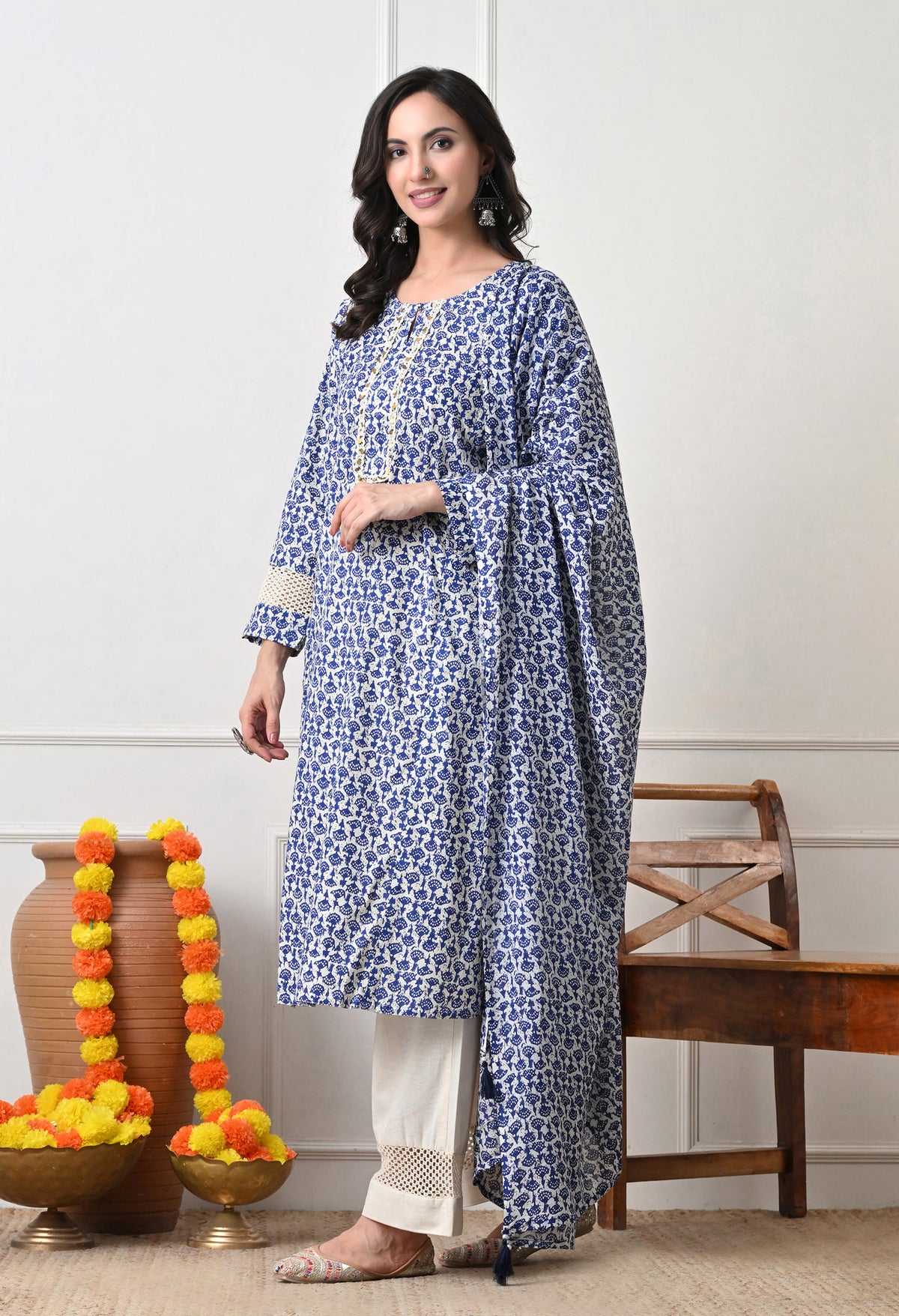 BLue Floral Printed Regular Pure Cotton Kurta with Palazzos & With Dupatta