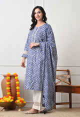 BLue Floral Printed Regular Pure Cotton Kurta with Palazzos & With Dupatta