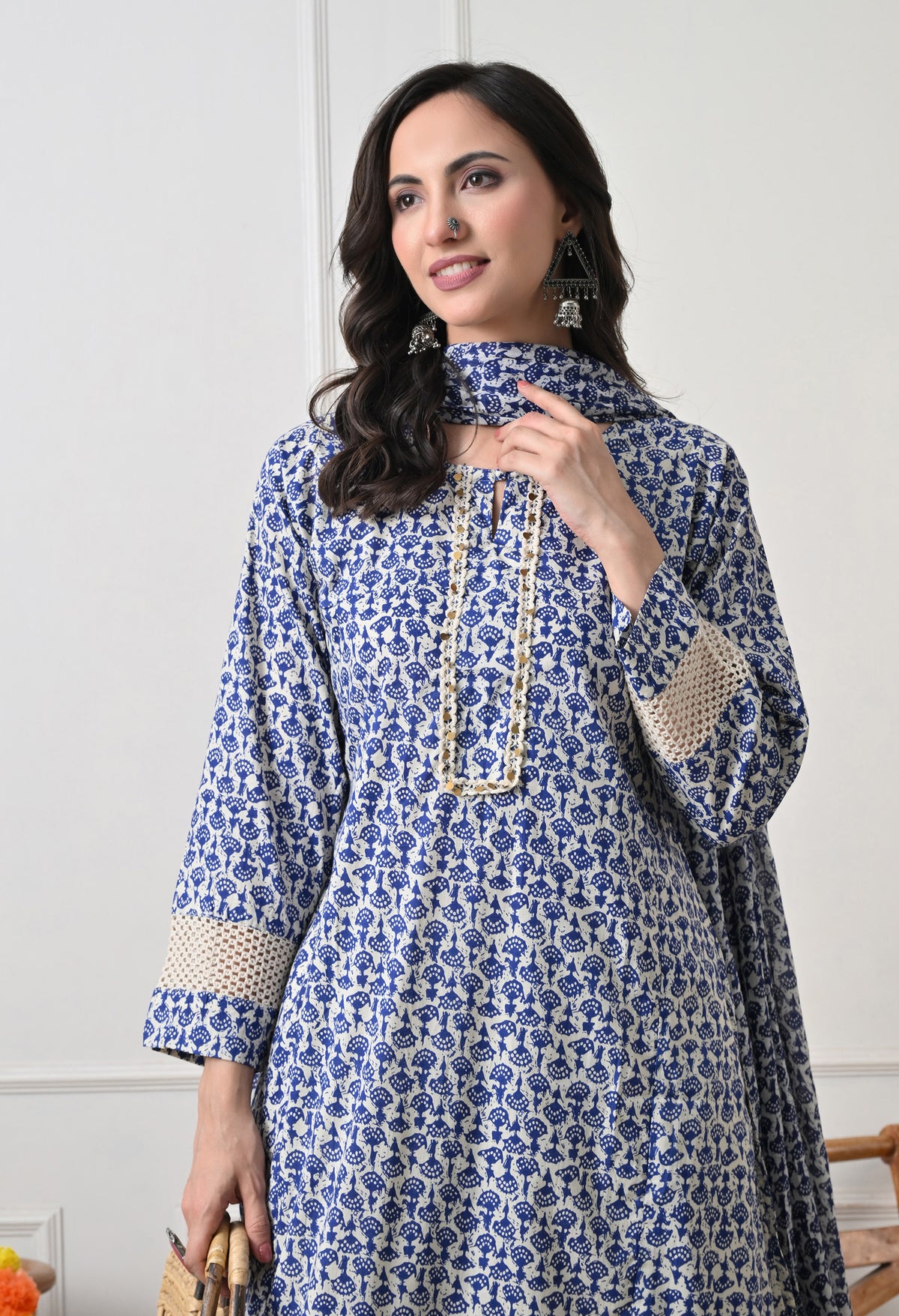 BLue Floral Printed Regular Pure Cotton Kurta with Palazzos & With Dupatta
