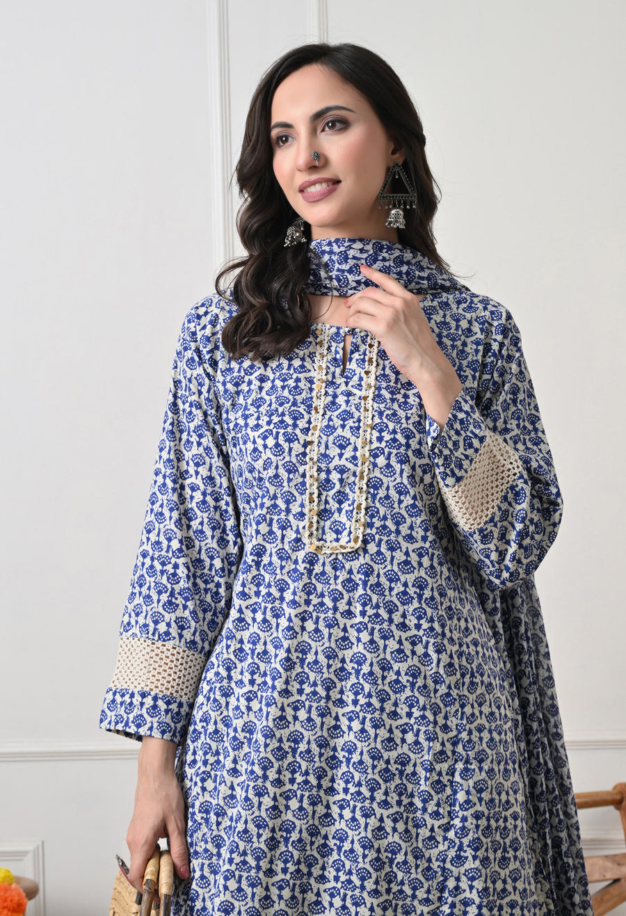 BLue Floral Printed Regular Pure Cotton Kurta with Palazzos & With Dupatta
