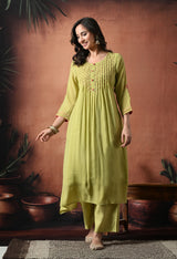 Green Empire Thread Work Pure Silk Kurta with Trousers & With Dupatta