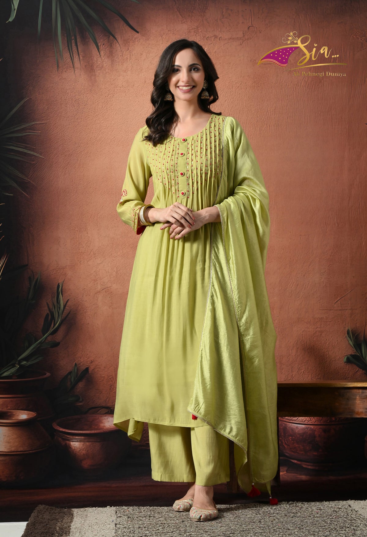 Green Empire Thread Work Pure Silk Kurta with Trousers & With Dupatta