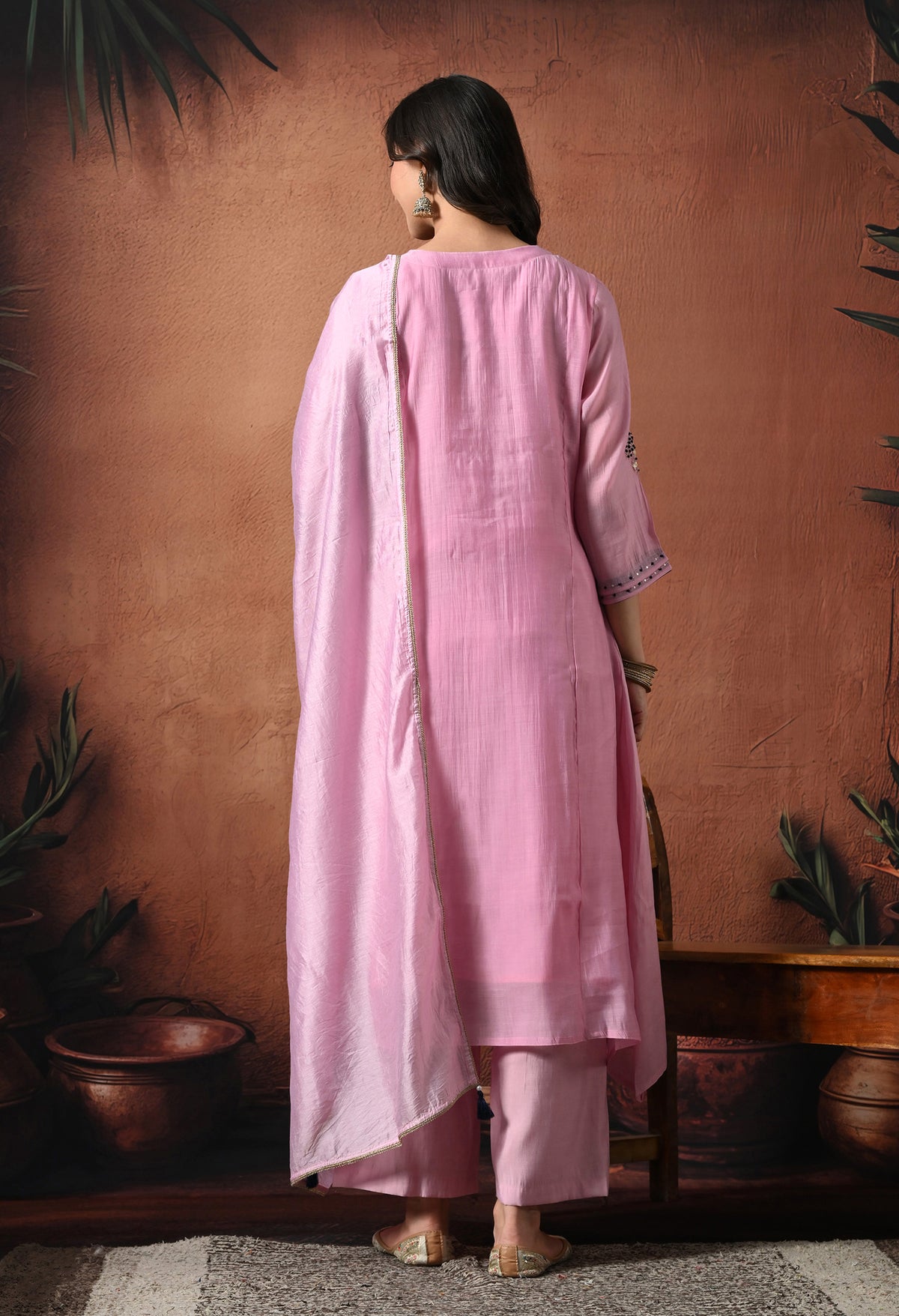 Pink Empire Thread Work Pure Silk Kurta with Trousers & With Dupatta