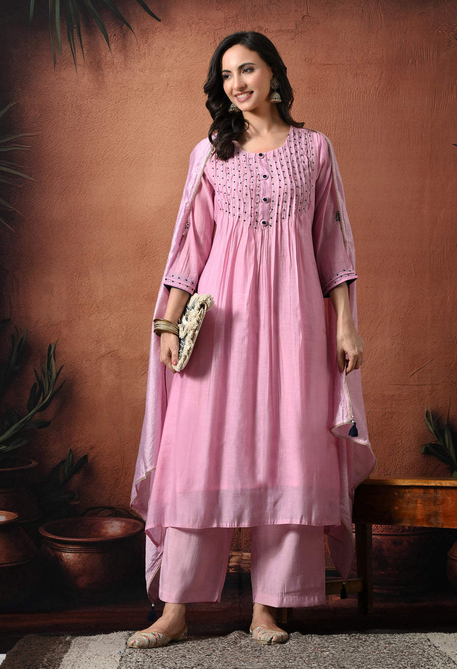 Pink Empire Thread Work Pure Silk Kurta with Trousers & With Dupatta