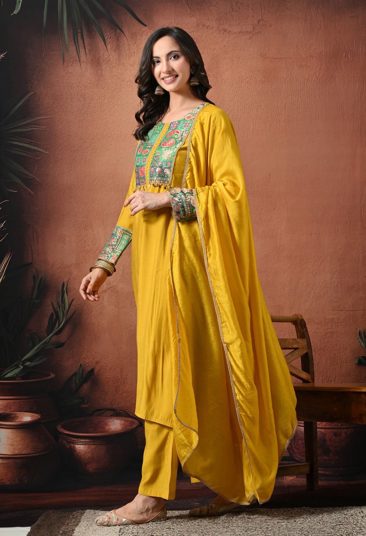 Sia Yellow A Line Top  Bottom & Dupatta  For Women - 2984