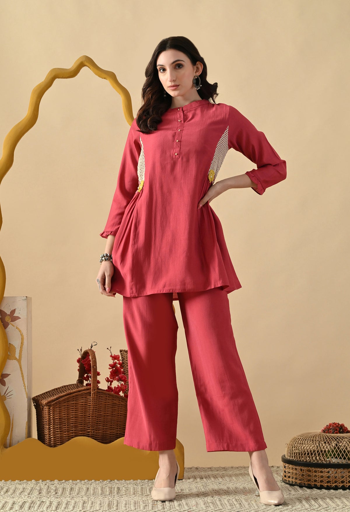 Pink Crochet Solid Tunic with Trousers