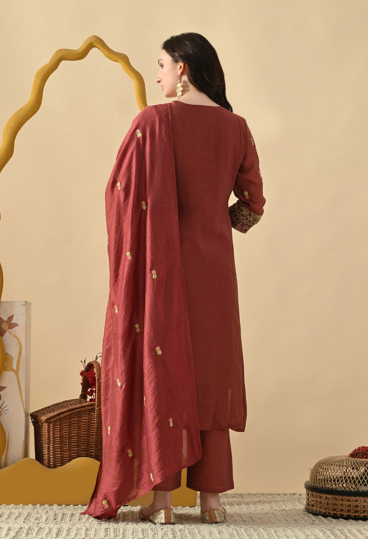 Rust Brown Ethnic Motifs Embroidered Regular Thread Work Kurta with Palazzos & With Dupatta