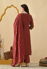 Rust Brown Ethnic Motifs Embroidered Regular Thread Work Kurta with Palazzos & With Dupatta
