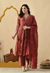 Rust Brown Ethnic Motifs Embroidered Regular Thread Work Kurta with Palazzos & With Dupatta