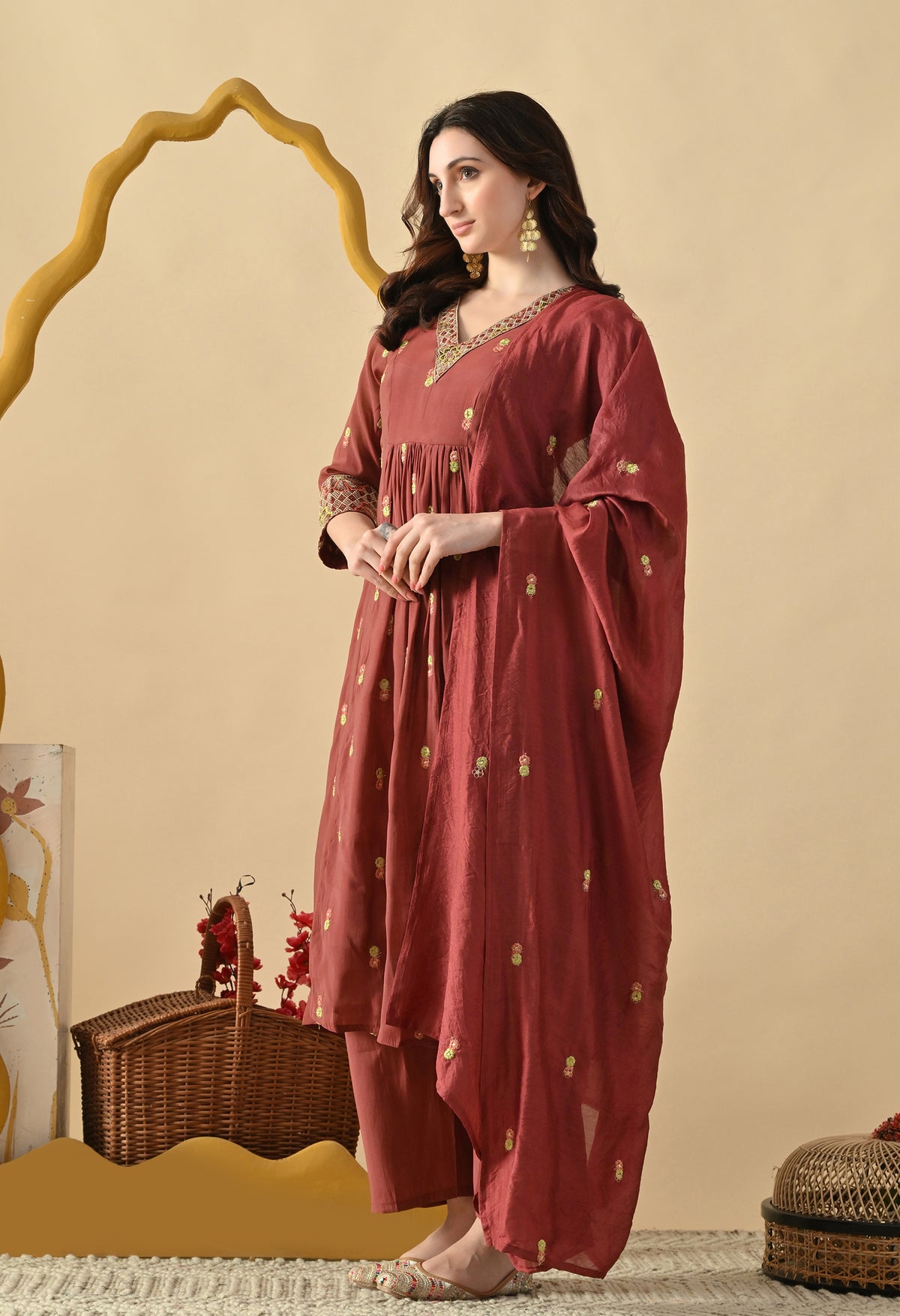 Rust Brown Ethnic Motifs Embroidered Regular Thread Work Kurta with Palazzos & With Dupatta