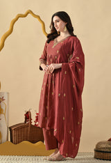 Rust Brown Ethnic Motifs Embroidered Regular Thread Work Kurta with Palazzos & With Dupatta