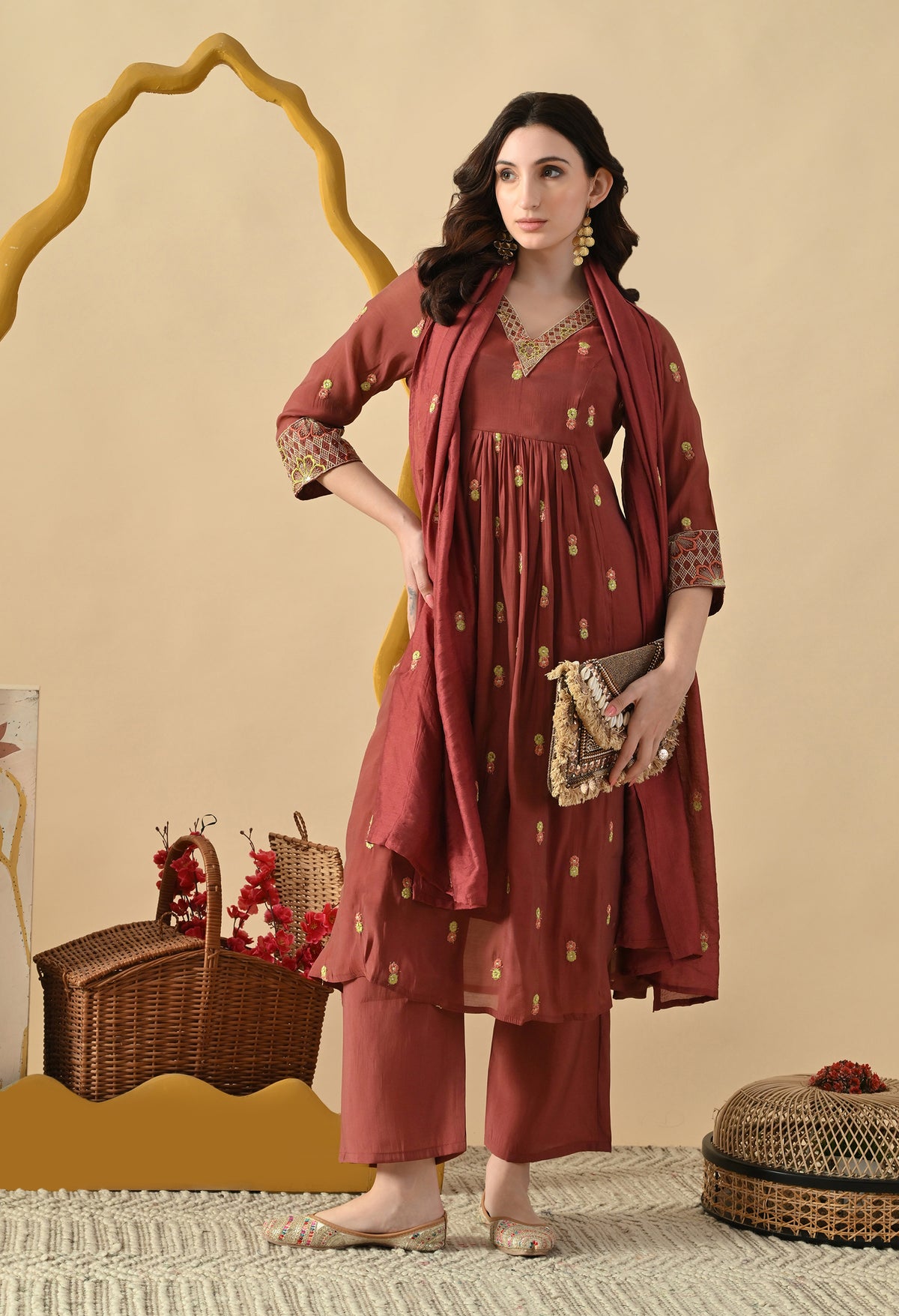 Rust Brown Ethnic Motifs Embroidered Regular Thread Work Kurta with Palazzos & With Dupatta