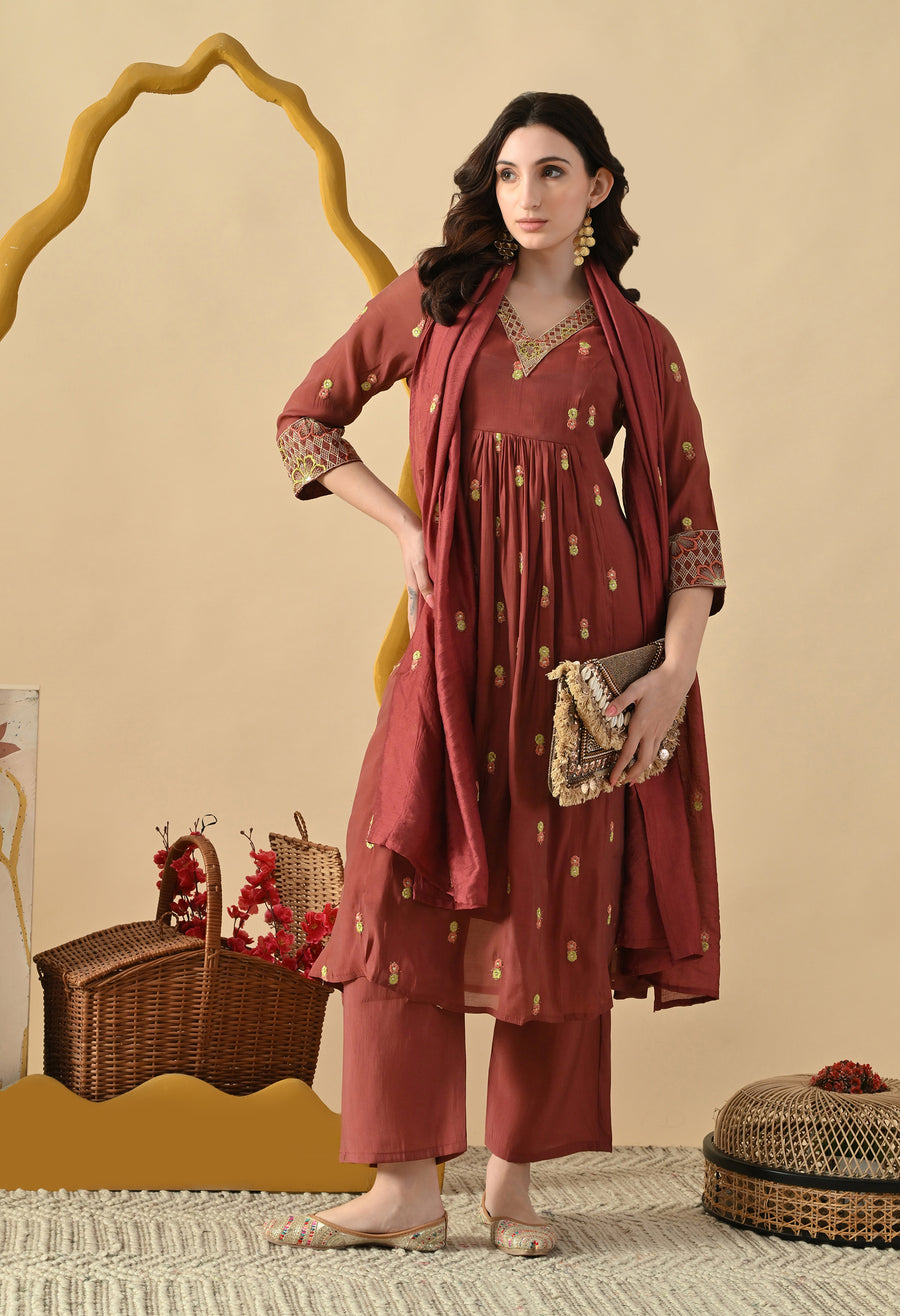 Rust Brown Ethnic Motifs Embroidered Regular Thread Work Kurta with Palazzos & With Dupatta
