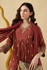 Rust Brown Ethnic Motifs Embroidered Regular Thread Work Kurta with Palazzos & With Dupatta