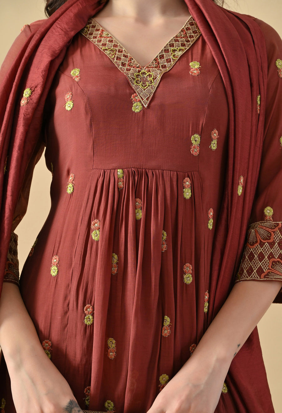 Rust Brown Ethnic Motifs Embroidered Regular Thread Work Kurta with Palazzos & With Dupatta