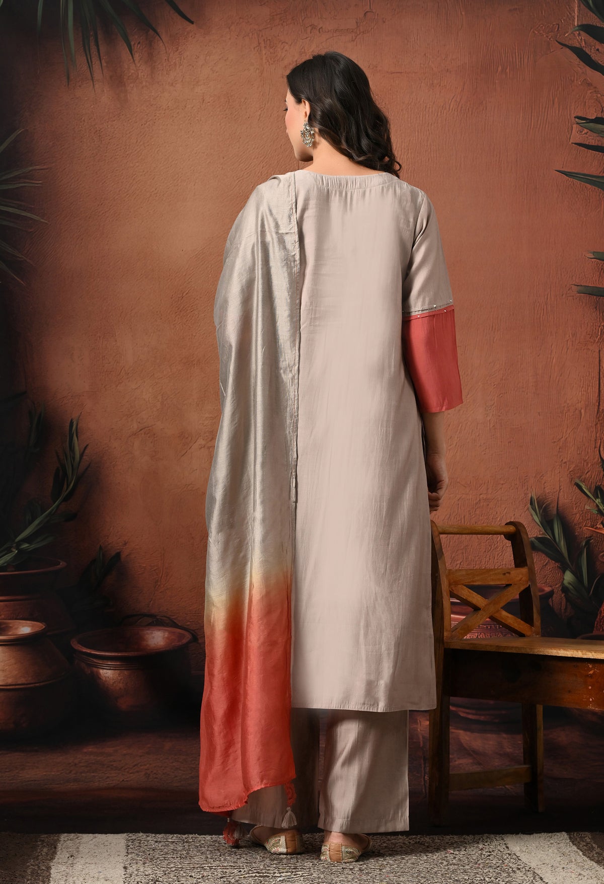 Rust Ombre Colourblocked Empire Thread Work Pure Silk Kurta with Palazzos & With Dupatta
