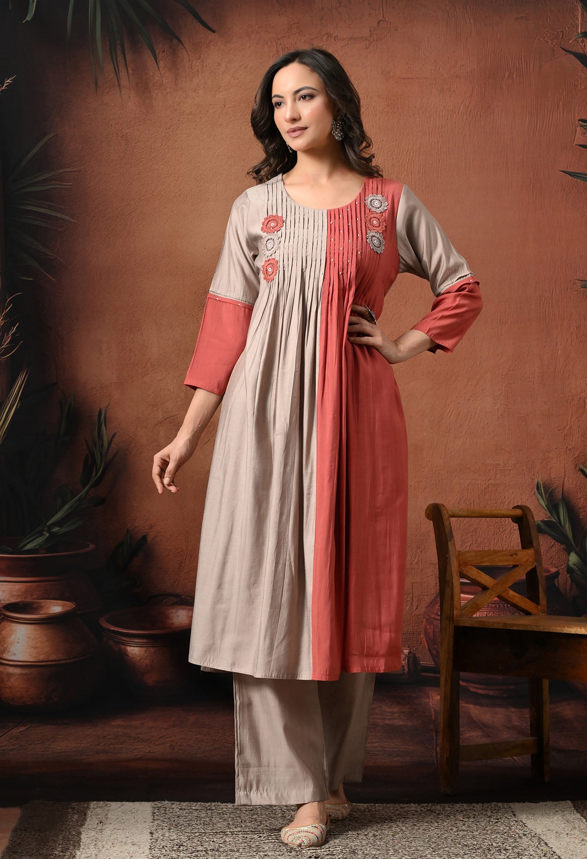 Rust Ombre Colourblocked Empire Thread Work Pure Silk Kurta with Palazzos & With Dupatta