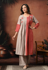 Rust Ombre Colourblocked Empire Thread Work Pure Silk Kurta with Palazzos & With Dupatta