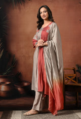 Rust Ombre Colourblocked Empire Thread Work Pure Silk Kurta with Palazzos & With Dupatta