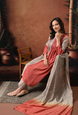 Rust Ombre Colourblocked Empire Thread Work Pure Silk Kurta with Palazzos & With Dupatta