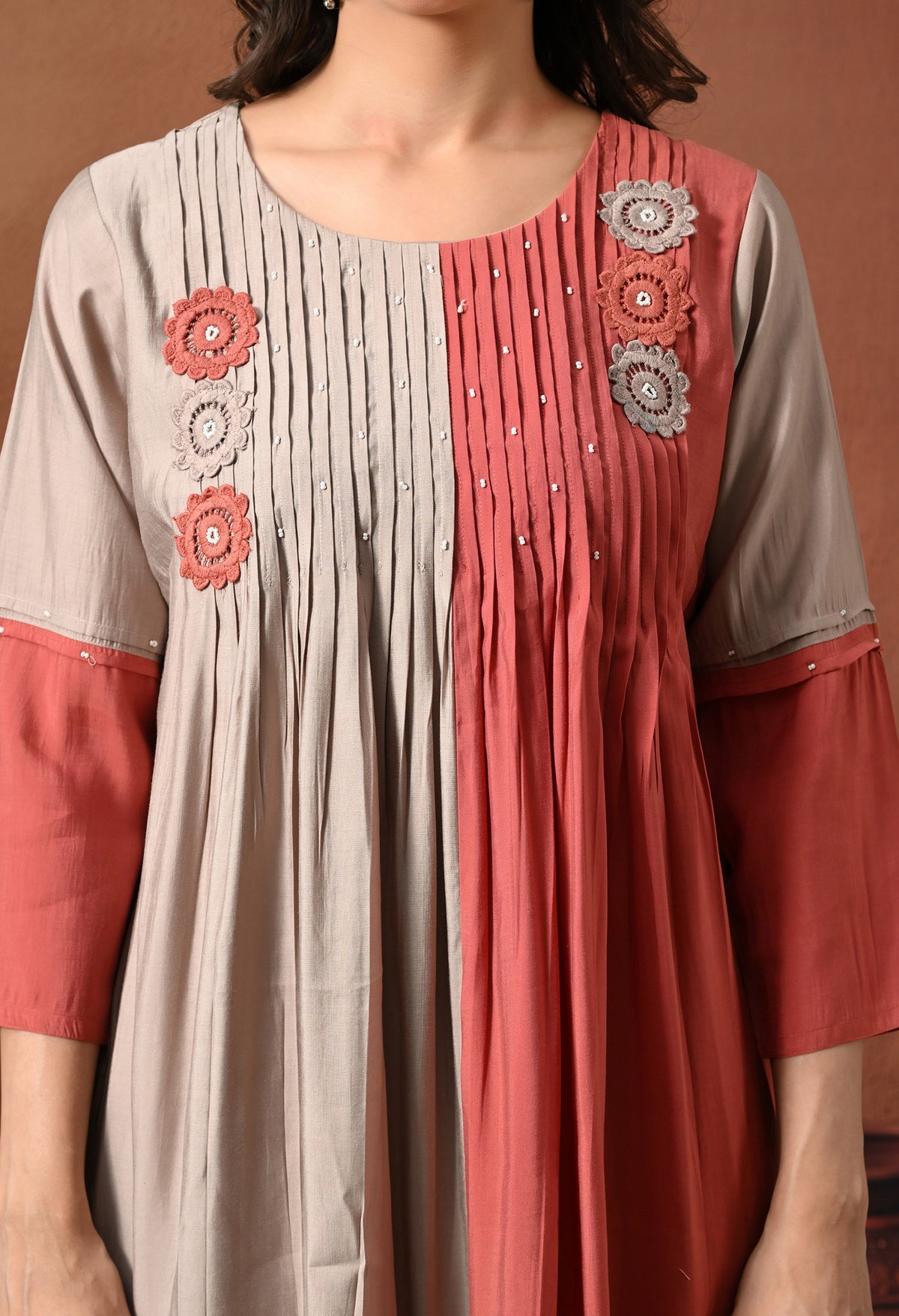 Rust Ombre Colourblocked Empire Thread Work Pure Silk Kurta with Palazzos & With Dupatta