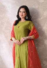 Mehandi Ethnic Motifs Embroidered Regular Thread Work Kurta with Palazzos & With Dupatta
