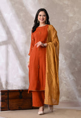 Rust Ethnic Motifs Embroidered Regular Thread Work Kurta with Palazzos & With Dupatta