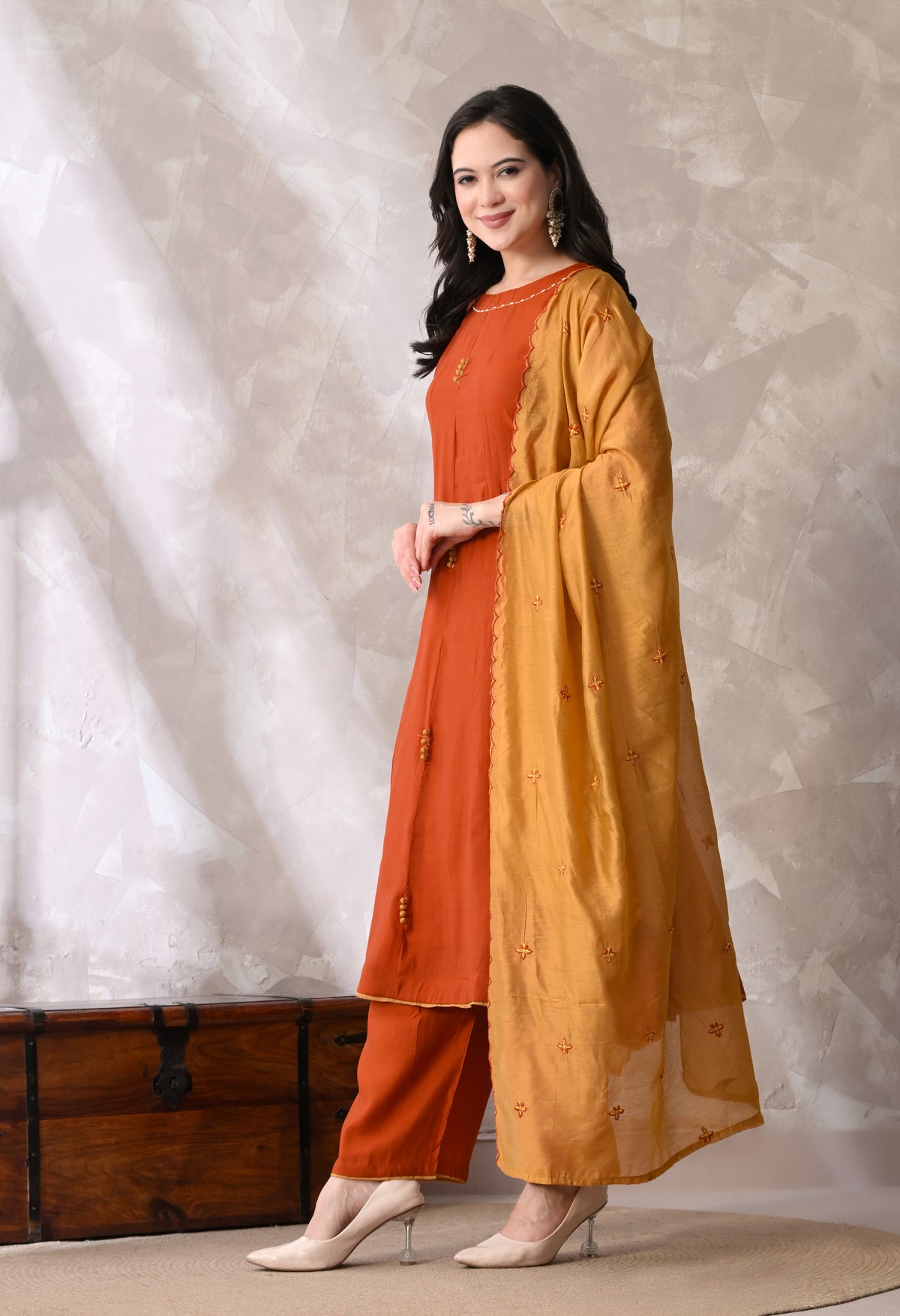 Rust Ethnic Motifs Embroidered Regular Thread Work Kurta with Palazzos & With Dupatta