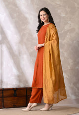 Rust Ethnic Motifs Embroidered Regular Thread Work Kurta with Palazzos & With Dupatta