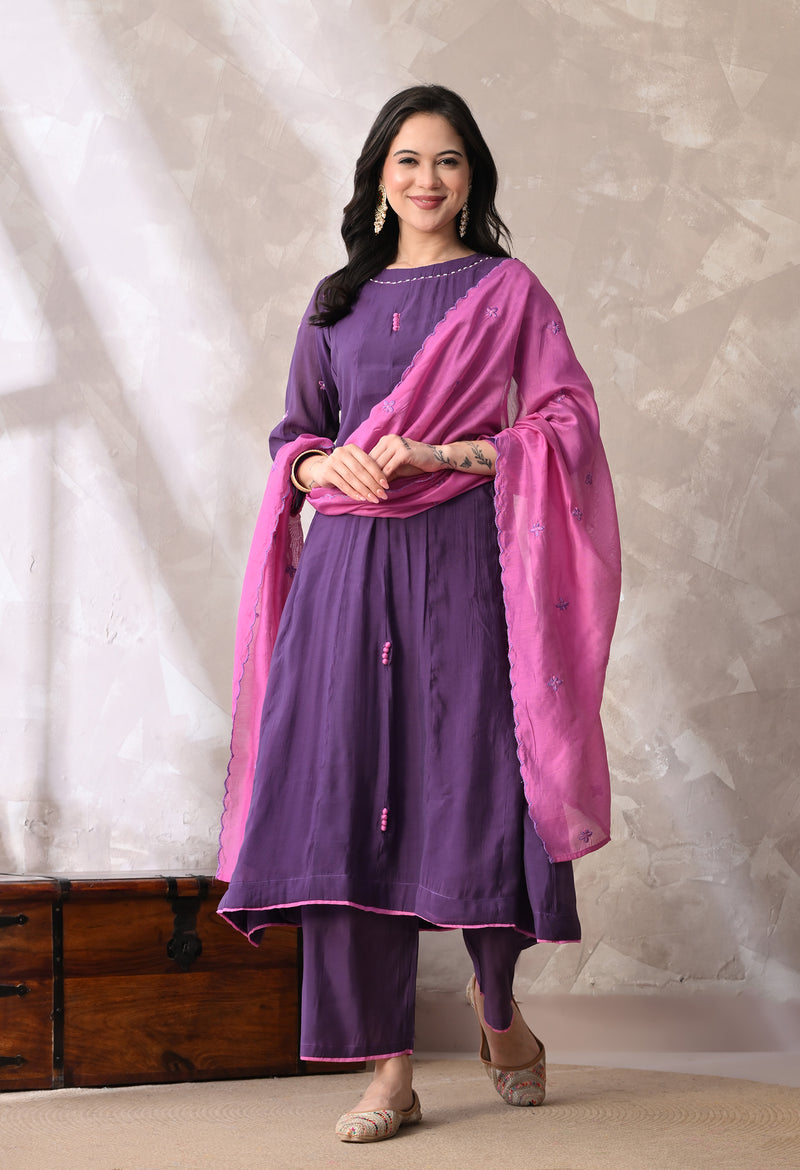 Purple Ethnic Motifs Embroidered Regular Thread Work Kurta with Palazzos & With Dupatta