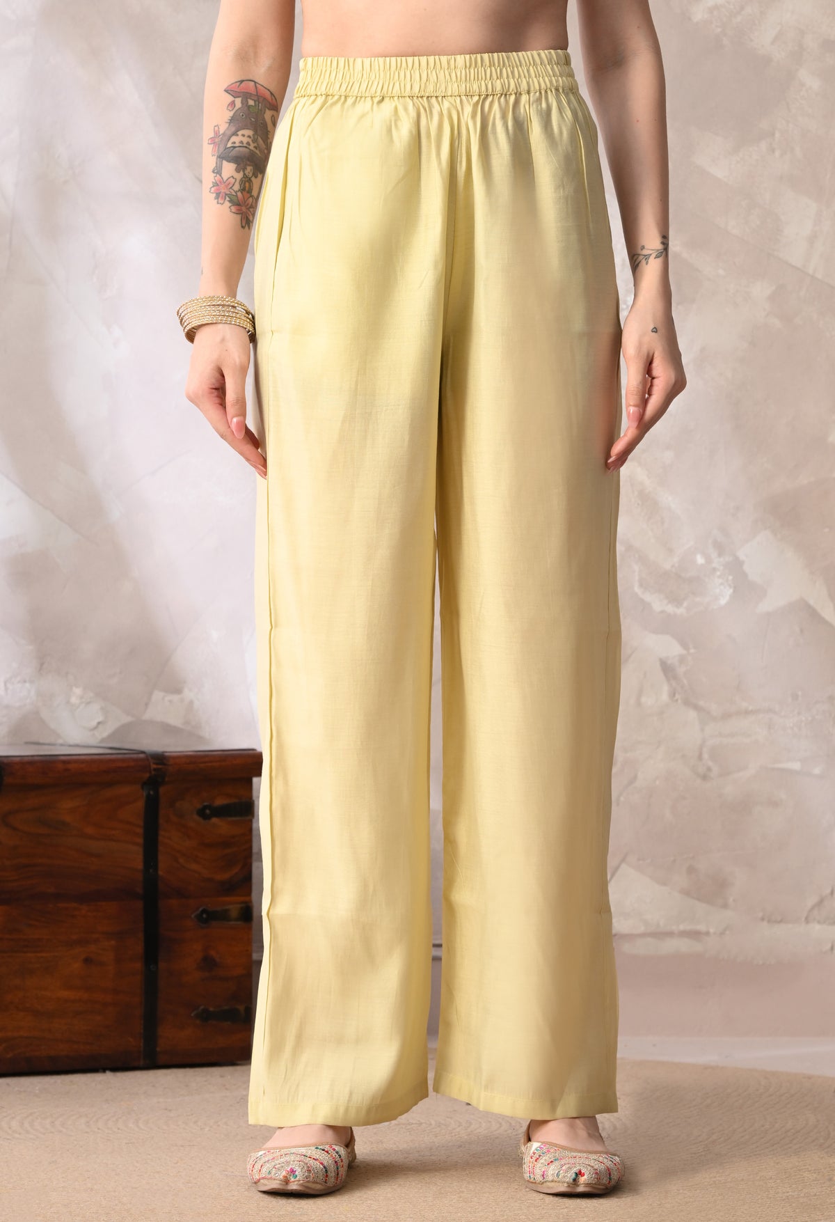 Yellow Floral Embroidered Regular Thread Work Kurta with Palazzos