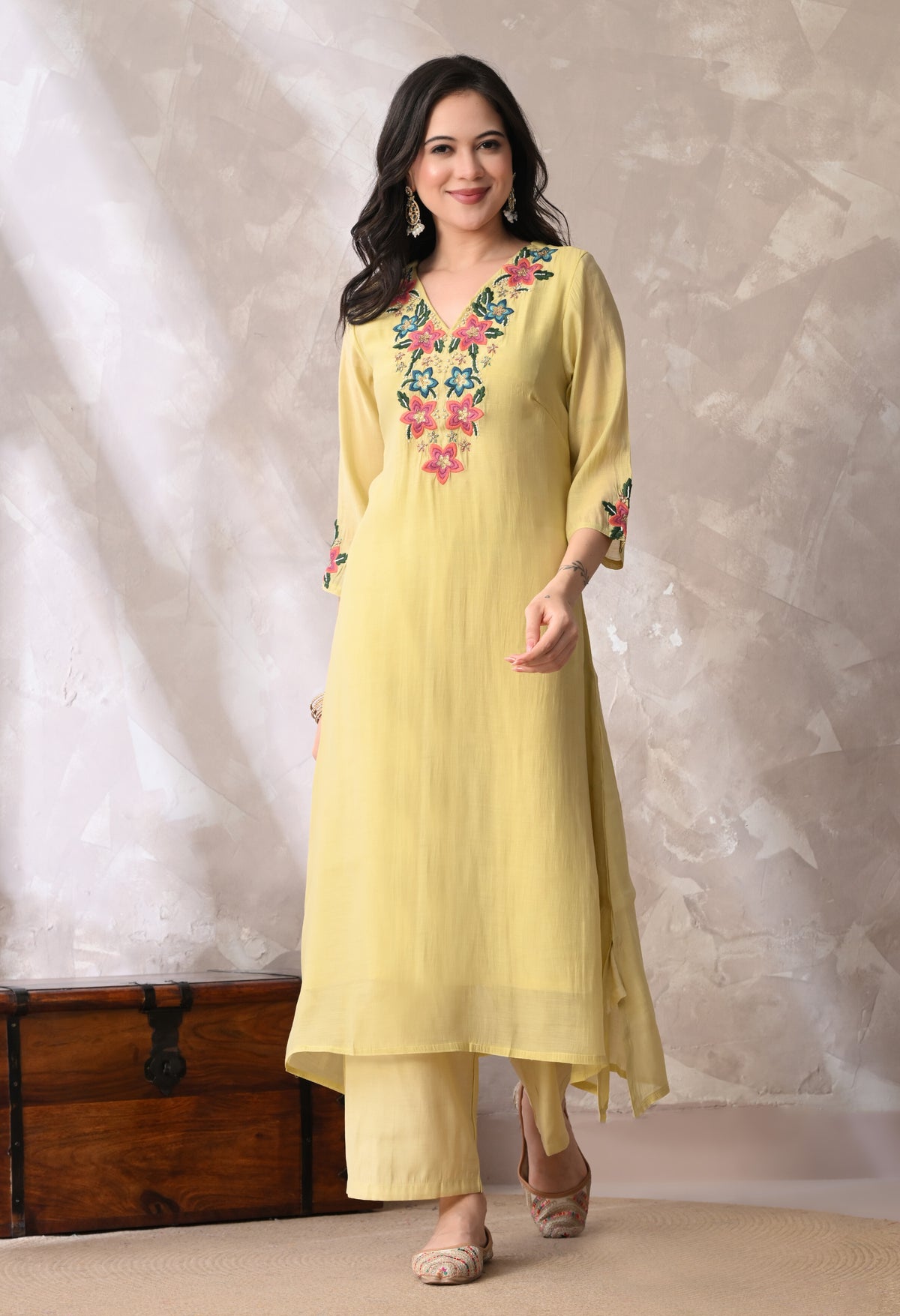 Yellow Floral Embroidered Regular Thread Work Kurta with Palazzos