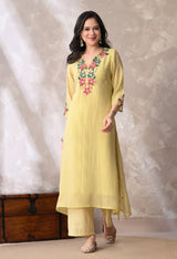 Yellow Floral Embroidered Regular Thread Work Kurta with Palazzos