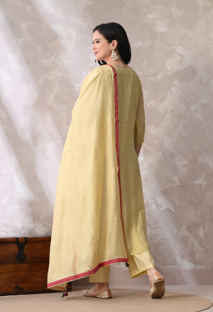 Yellow Floral Embroidered Regular Thread Work Kurta with Palazzos